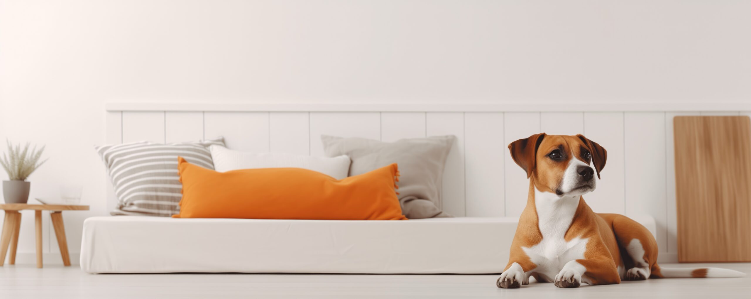 Dog resting comfortably in a stylish, Scandinavian-themed bedroom, showcasing high-end pet style.
